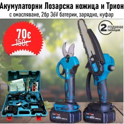 Комплект Акумулаторна лозарска Ножица и Трион с Омасляване 15см шина с 2бр 36V батерии